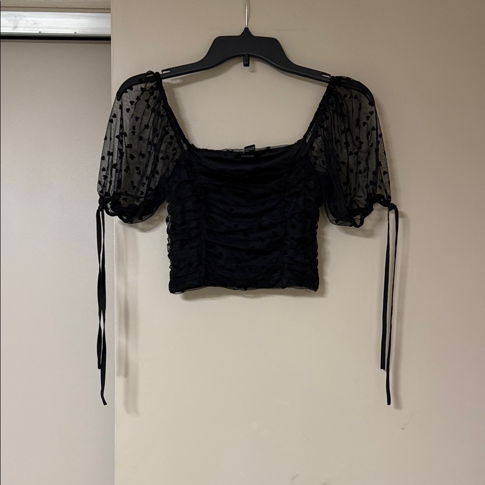 Forever 21 Black Textured Blouse with Sheer Sleeves